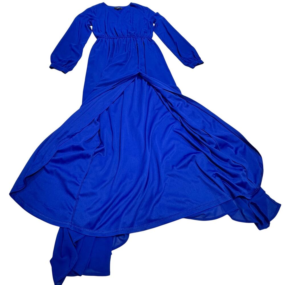 Lulus Wondrous Water Lilies Royal Blue Maxi Dress M Faux Wrap Slit Cobalt Event - Picture 4 of 16